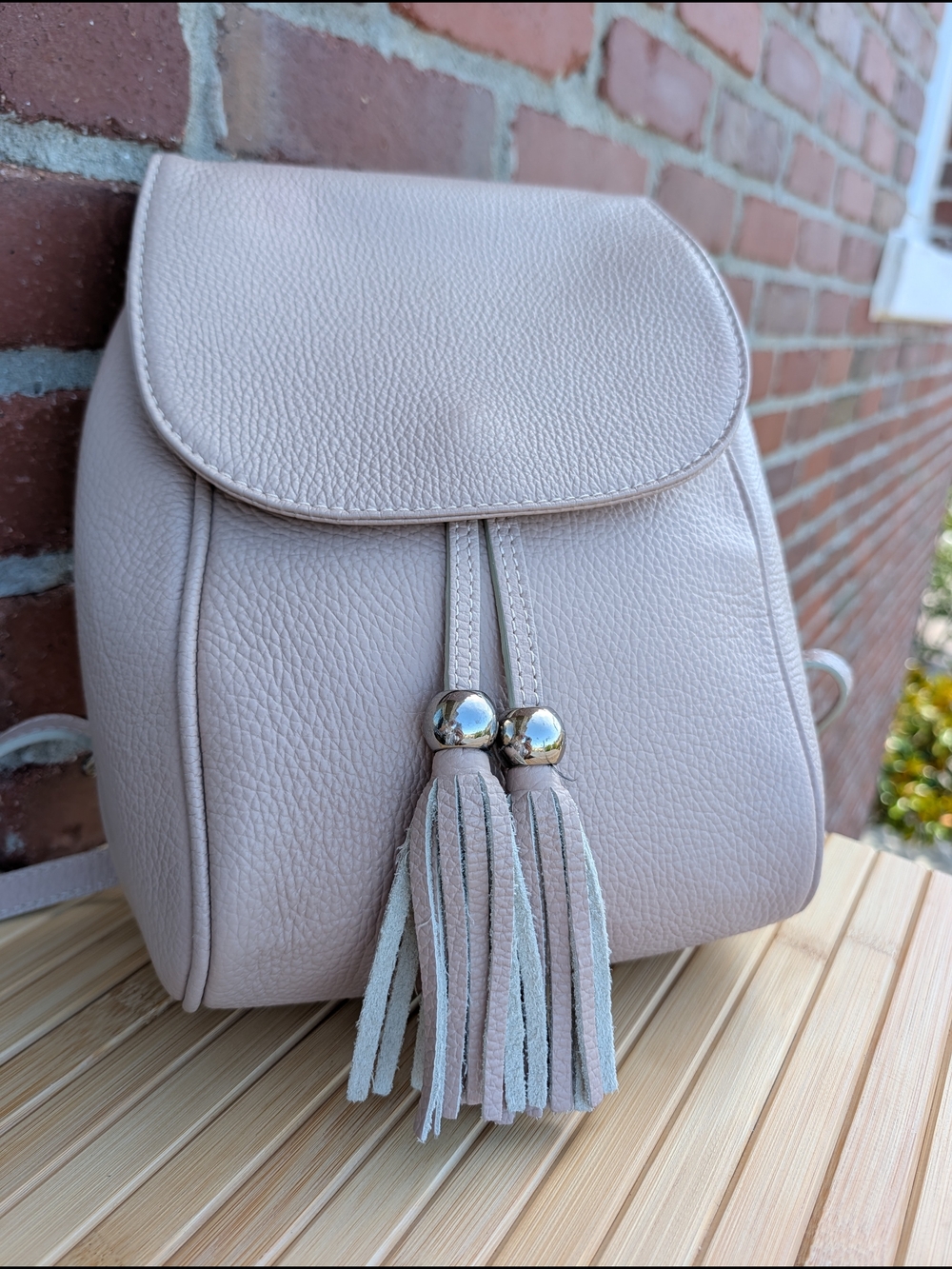 Made in Italy Genuine Leather Dusty Rose Nude Tassel Backpack
